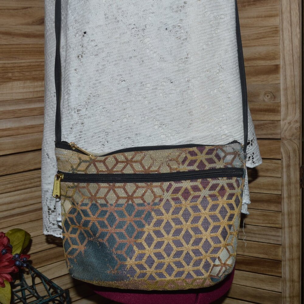 Danny K Beverly Hills Gold Teal Purple Tapestry Crossbody Bag Long Strap